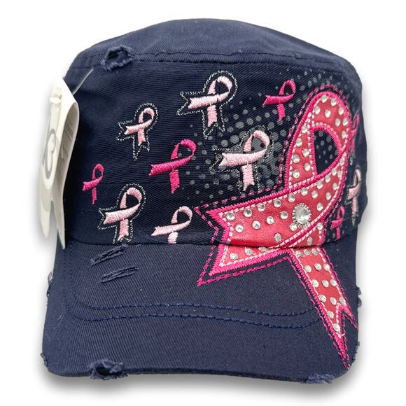 Pink Ribbon Army Cadet Hat Rhinestone French Round Bill BDU Baseball Castro Cap - Picture 2 of 6